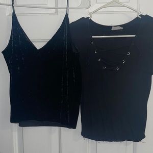 Black velvet spaghetti strap top and a neck front lace T shirt Crop Top(s)